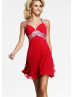 Red Chiffon Beaded Halter Sexy Cross Back Knee Length Prom Dress 